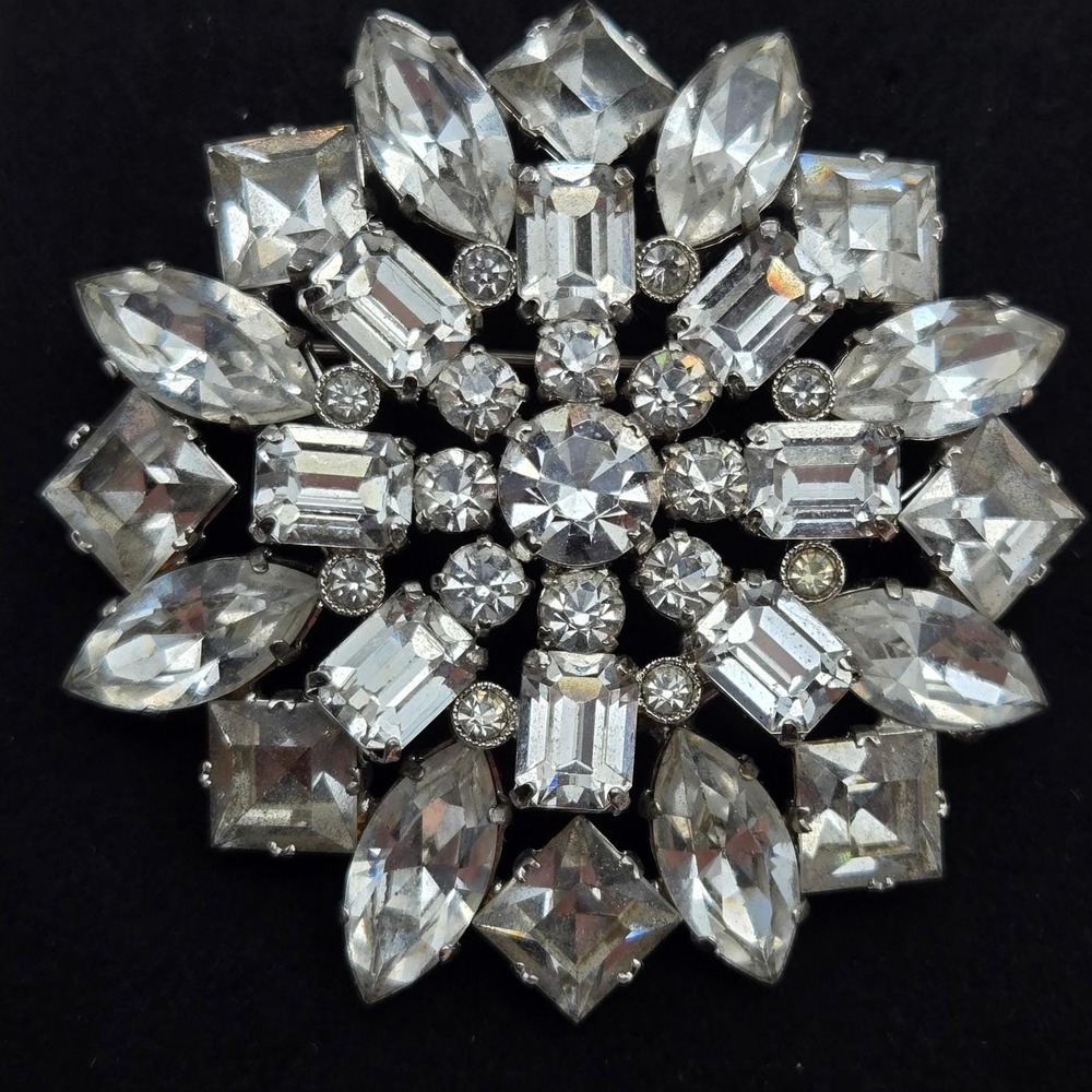 Austria Clear Rhinestone Brooch Large Starburst Flower Statement Pin Vintage